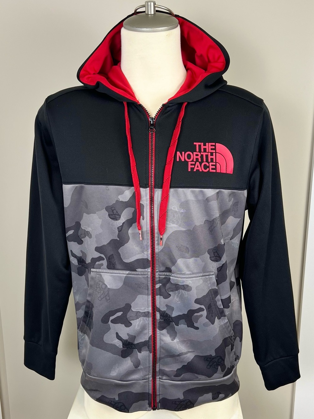 The North Face Black & Gray Camo Full Zip Hoodie with Red Accents